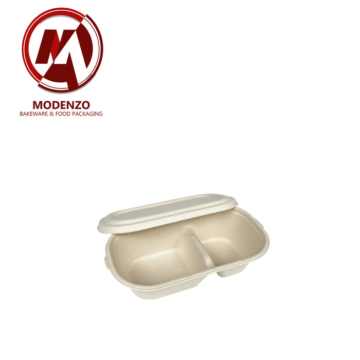 1000ml Food Container 2-Compartment +Bagasse Lid  (500pcs/ctn)